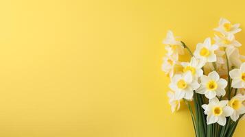 ai generado blanco narcisos en un brillante amarillo antecedentes. Copiar espacio foto