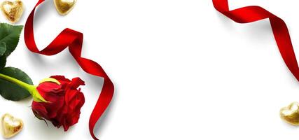 bandera diseño elementos para San Valentín día antecedentes. rojo Rosa flor, corazón conformado dorado golosinas y rojo cinta en un blanco fondo, plano laico foto