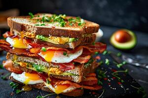 AI generated super delicious sandwich stack, with bacon, eggs and avocado, in black background. photo