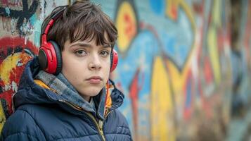 AI generated Young boy wearing red earphones, urban graffiti vibe, messy, portrait, street scene. photo