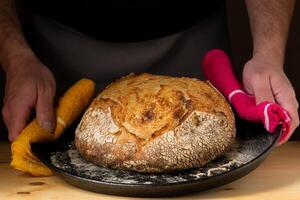 The hands of a young man handling sourdough bread, highlighting the bread with beautiful golden tones against the dark background. photo