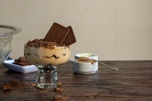 Chocotorta dessert, with layers of cream with dulce de leche and chocolate cookies. Typical Argentine sweets. photo