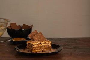 Chocotorta typical dessert from Argentina. Made with dulce de leche mixed with cream and chocolate cookies. photo