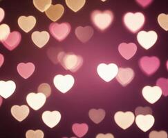 Pink blurred abstract background with cute bokeh hearts. photo