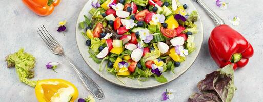 Spring salad with vegetables and flowers. photo