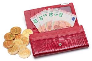 Opened Red Women Purse with 10 Euro Banknotes Inside and Bitcoin Coins - Isolated on White Background. A Wallet Full of Money Symbolizing Wealth, Success, Shopping and Social Status - Isolation photo