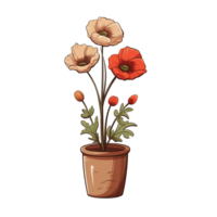 AI generated Cartoon illustration of poppies in pots isolated on transparent background png