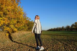 Girl on a background of yellow leaves of autumn trees. Autumn photo session.