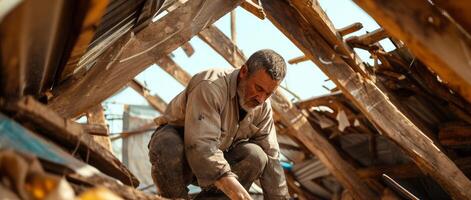 ai generado un inmigrante hombre construyendo un acampar abrigo utilizando pedazo de materiales foto