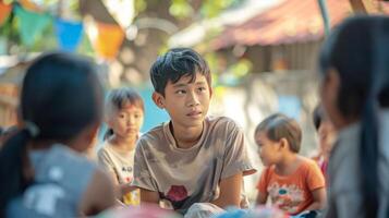 ai generado un grupo de inmigrante niños en un improvisado al aire libre salón de clases foto