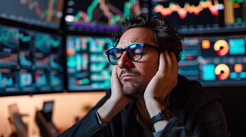 AI generated Stress Trader with Eyes Closed and Hands on Temples on a Trading Desk Background. photo