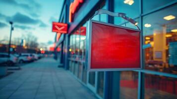 ai generado un rojo blanco firmar colgando fuera de un Tienda foto