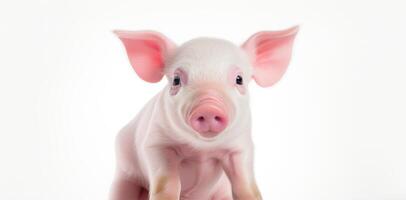 AI generated Animal rights concept A cute small piglet with pink skin and large ears against a white background. photo