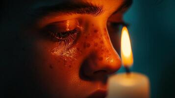 AI generated close up of Europe woman Freckled face close to soft candlelight imperfection beauty photo