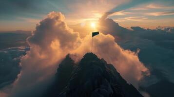 AI generated Flag on Mountain Top at Sunrise on a mountain peak victory moment photo