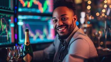 AI generated Profit screens and champagne with smiling trader photo