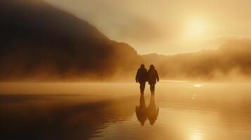 AI generated Aging Society old couple holding hands walk on a misty lake sunset mountain photo