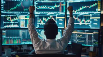 AI generated Trading Desk with Computer Screens Showing Positive Stock Trends and a Trader with Hands Raised in Celebration. photo