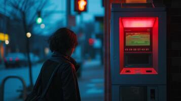 AI generated run out of money woman staring at ATM screen at night photo