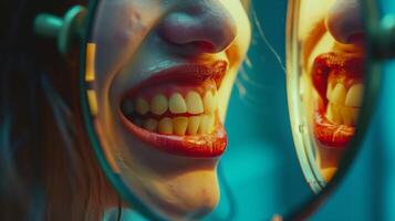 AI generated clean healthy teeth woman smile into a mirror with lipstick regular dental care and oral hygiene. photo