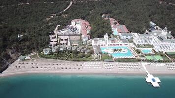 Hotel on the shore of the blue sea. Video. White sand, beautiful beach, tall palm trees. Vacation on the shore of the ocean. Aerial view video