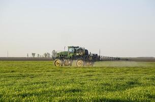 tractor en el puesta de sol antecedentes. tractor con alto ruedas es haciendo fertilizante en joven trigo. el utilizar de finamente disperso rociar productos quimicos foto