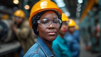 AI generated Afican women Workers in helmets industry setting photo