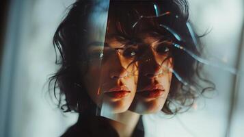 AI generated self recognition identity mental illness woman standing in front of a mirror with reflection photo