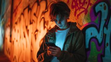 AI generated teenage boy experiencing cyberbullying graffiti wall backdrop photo
