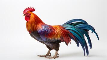 ai generado un vibrante vistoso gallo multicolor plumas en contra un llanura antecedentes foto