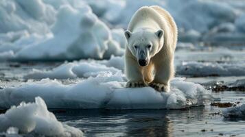 AI generated Global Warming A polar bear struggle to find footing on a melting ice walking on a thin ice photo
