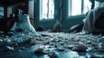 AI generated A Shattered Vase on the Floor in a Silent Dark Room. photo