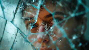 ai generado psicópata mujer mirando mediante rotura agujero en ventana mental enfermedad foto