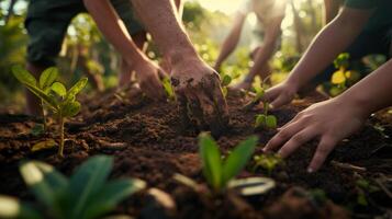 AI generated Global Warming activists planting trees in a soil gardening farming activity. photo