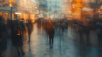 ai generado mujer sensación desconexión desde mental enfermedad en pie en un ciudad calle lleno con difuminar personas foto