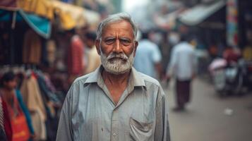 AI generated man in busy marketplace facing depression in everyday life. photo