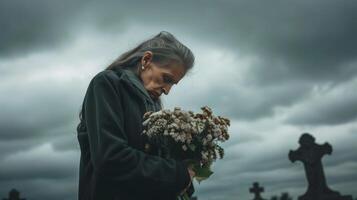 AI generated Tearful old woman with bouquet at a grave under cloudy sky. photo