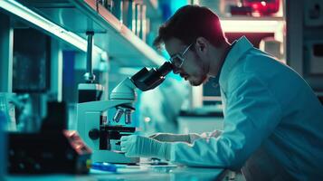 AI generated a scientist using a microscope in lab conducting research photo