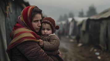 AI generated two war immigrant mother and child comforting each other in a makeshift camp photo