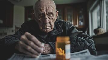 AI generated Aging Society old man sad face holding a bottle of pills with medical bills photo