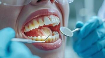 AI generated ental check up a dentist holding a mirror to mouth with yellow and decay teeth photo