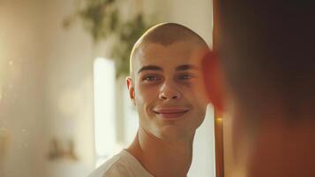AI generated A young man experience with hair loss in his early 20s looking into a mirror photo