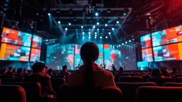 AI generated lifelong learner Woman watching a colorful multimedia stage presentation. photo