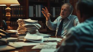AI generated stressful Tax lawyer with client in office stacks of documents and tax papers photo