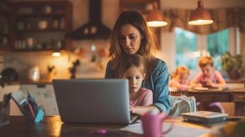 ai generado soltero mamá buscando trabajo listados en un ordenador portátil con niños a hogar foto