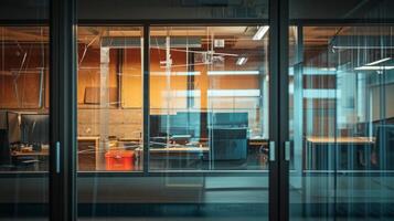 AI generated A modern office interior with computers, chairs, and tables visible through glass doors. photo