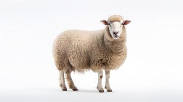 AI generated Animal rights concept A sheep with a full fluffy coat of wool standing against a white background photo