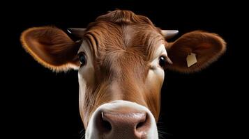 AI generated close-up of a cow face in the center black background photo