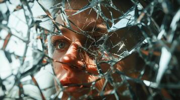 AI generated woman face in shattered glass with sunlight broken mirror mental illness photo