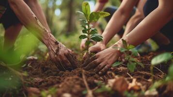 ai generado varios manos trabajando juntos a planta un joven árbol en el suelo global calentamiento foto